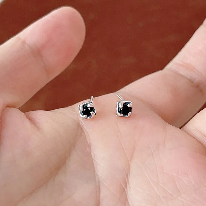 Mini Personality 925 Sterling Silver Square Black Crystal Stud Earrings for Woman Men Korean Designer Hip-hop Rock Jewelry Gifts