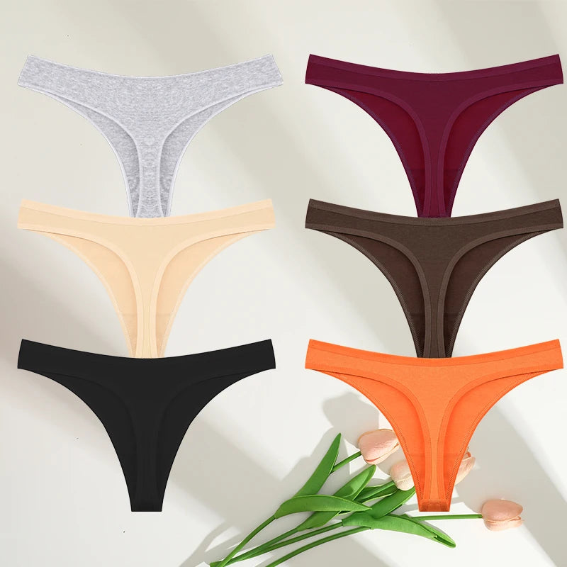 6PCS Cotton G-String Sexy Women Panties V-Waist Underwear Female Lingerie Seamless Thong For Woman Solid Color Intimate Pantys