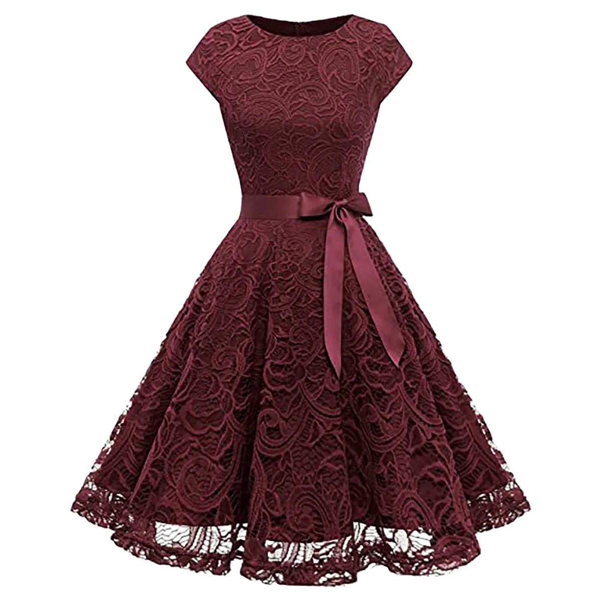 Women's Lace Party Dress Summer Short Sleeve O Neck Swing High Waist Bridesmaid Dress Bow Tie Formal Cocktail Swing A Line Dress