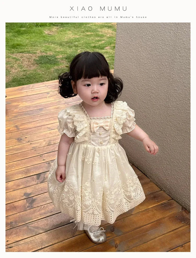Girls' French Lolita Princess Dress, New Summer Style One-Year-Old Dress, White Cute Little Girl's Beautiful Short-Sleeved Dress