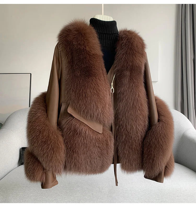 OFTBUY 2022 Real Fur Coat Winter Jacket Women Natural Fox Fur Genuine Leather Outerwear  Streetwear Locomotive Thick Warm New