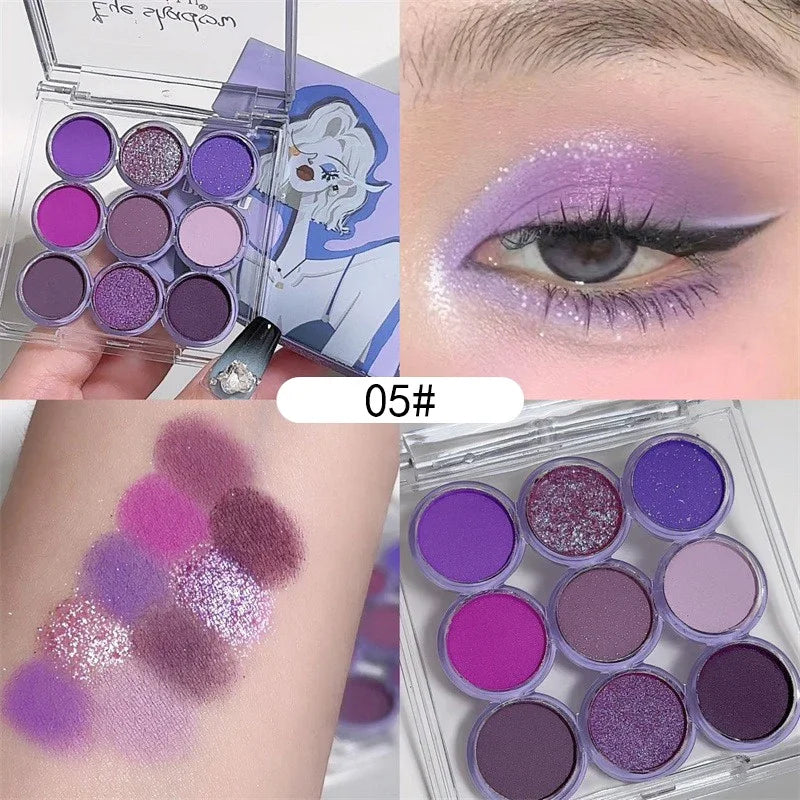 9Colors Glitter Eyeshadow Palette Smoke Purple Lace Shimmer Pearlescent Matte Acrylic Eye Shadows Palette Waterproof Eye Make Up