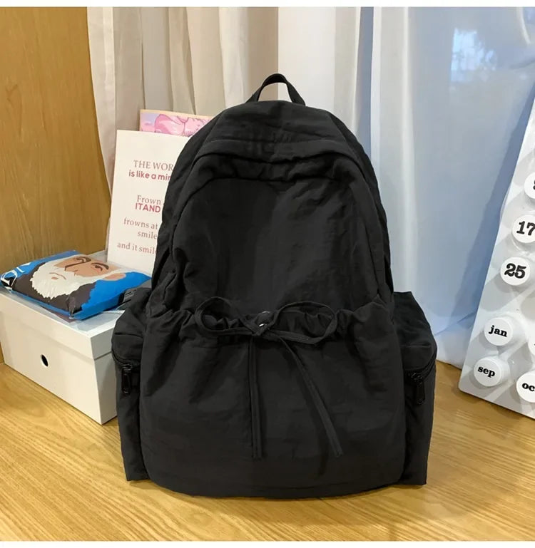 Japanese Style Student Backpack Solid Color Bow Travel School Bag Lightweight and Fashionable Women's Backpack New Simple Casual