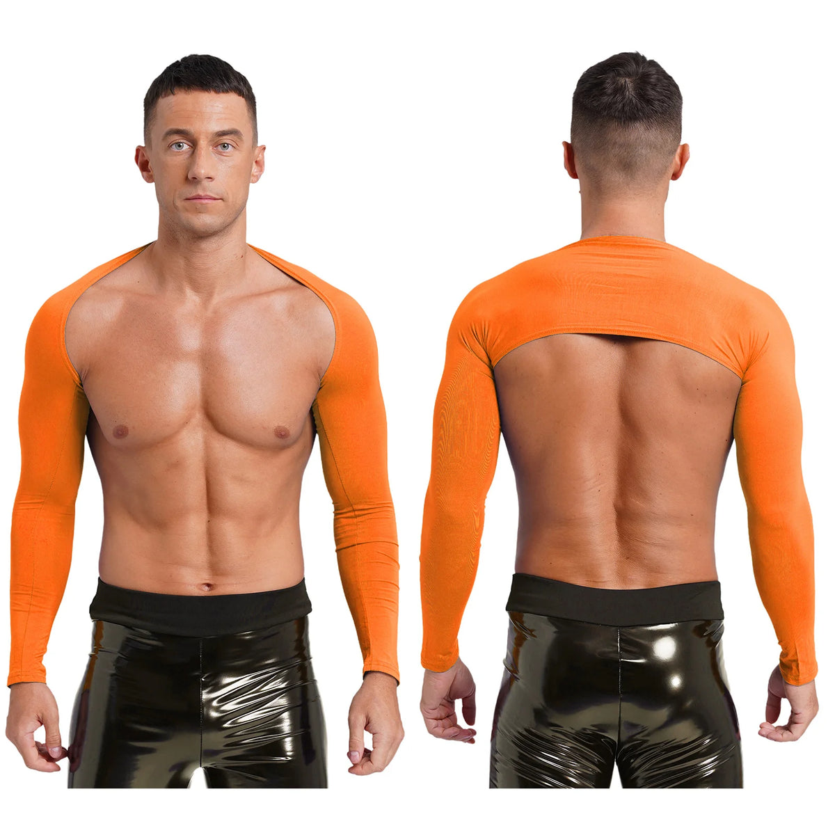 Men Open Front Half Crop Top Solid Long Sleeve Cardigan Bolero Shrug Tops Muscle Arm Sleeves Workout Sports Gym Tops Clubwear