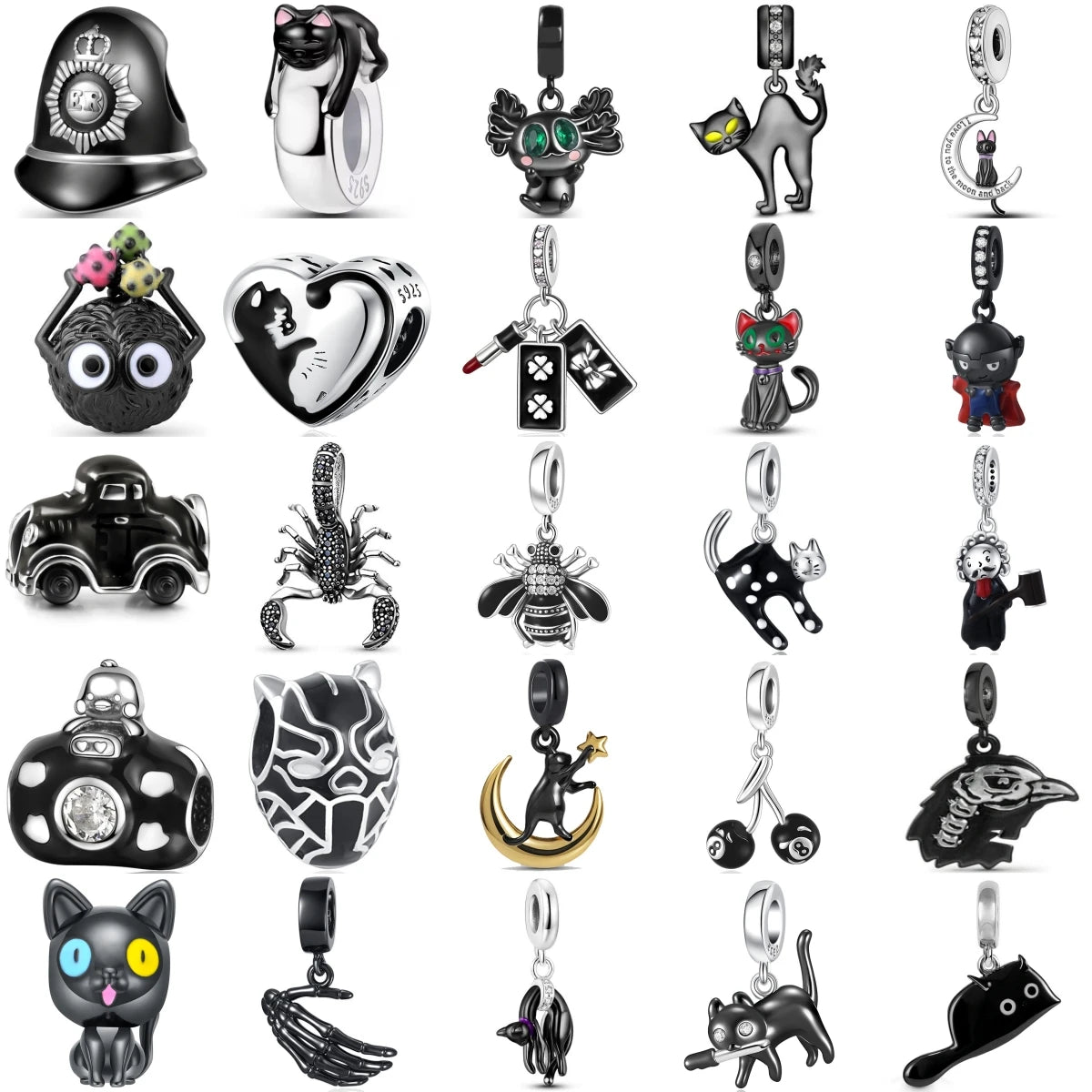 New Fashion 925 Sterling Silver Black Charms Spider Hat Car kitty Bee DIY Fine Beads Fit Original Pendant Women Bracelet