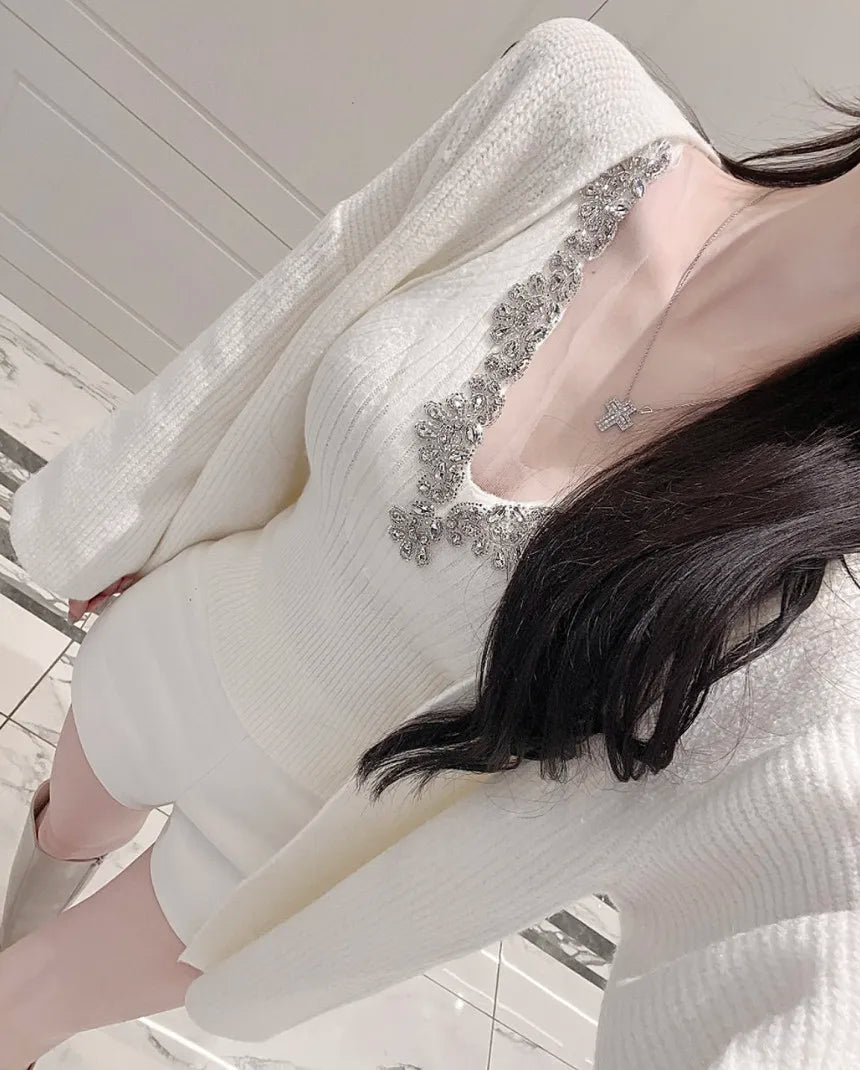 Korean Sle Sexy Sequin Strap Vest Women's Inner Knitted Cardigan Coat Autumn Two-Piece Set Faionable Top And Bot Ensemble