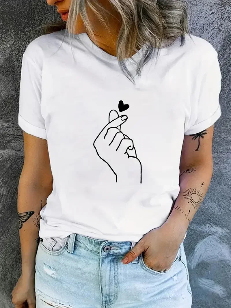 90er-Jahre-Finger-T-Shirt mit Herzmotiv, kurzärmeliges T-Shirt mit Rundhalsausschnitt, lässiges Oberteil für den Sommer, Frühling, Damenbekleidung, Top-T-Shirt