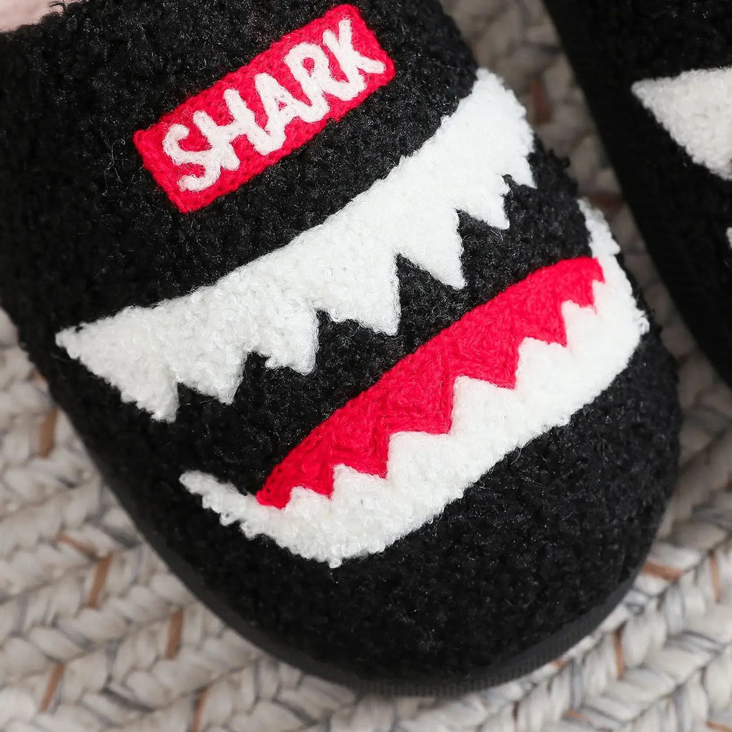 Shark Pattern Embroidery stuffed Home Platform Cozy Fur Slippers Black Warm Non-slip Indoor Slippers Couple Men Women Wearable casual Slippers