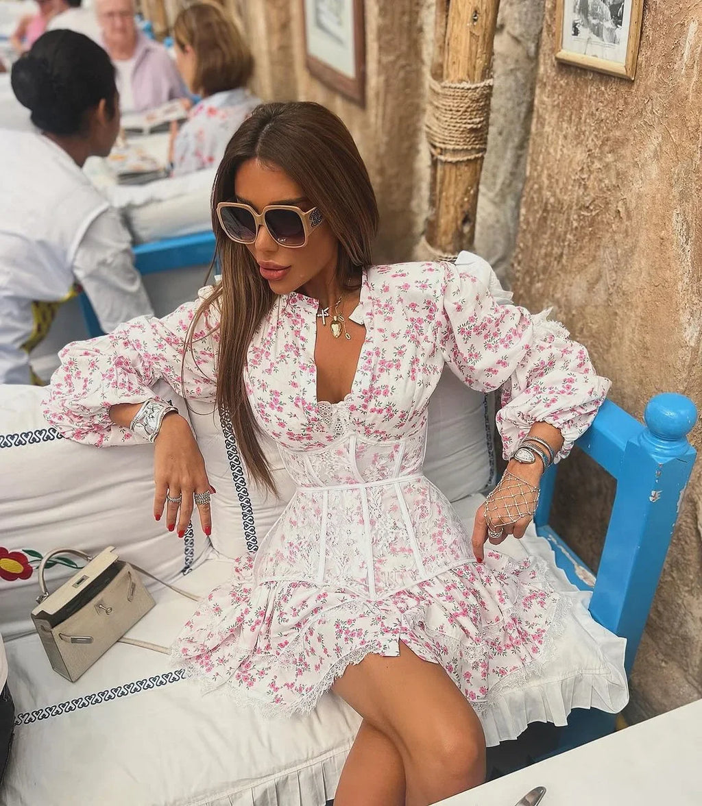 TARUXY V-Neck Printed Mini Lace Dress Female Ruffled Fashion High Waist Long Sleeve Splice Contrast Slim Fit Bandage Party Dress