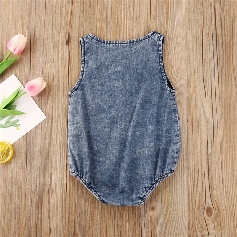0-24months Toddler Summer Playsuits Baby Denim Blue O-Neck Sleeveless Button Open Denim Bodysuit For Infant Boys And Girls