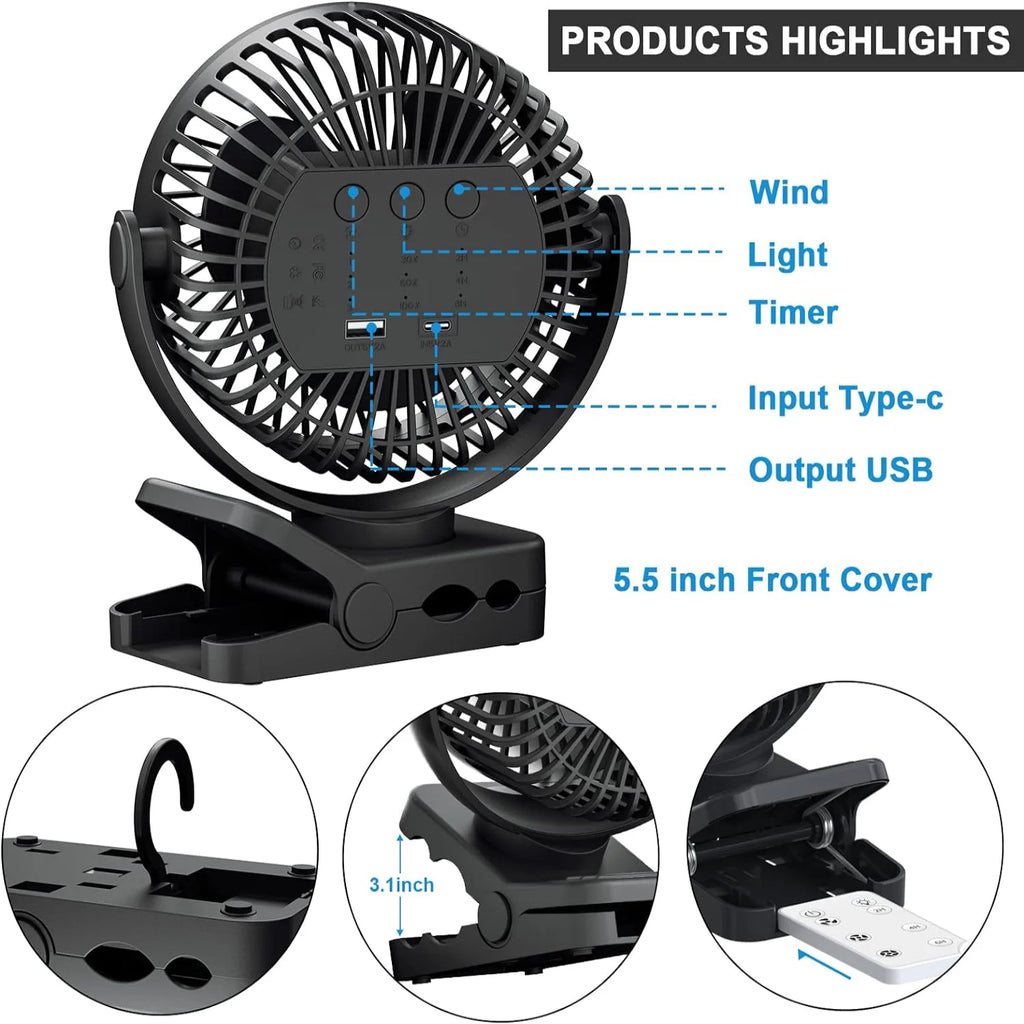 Remote Control Mini Desk Fan USB Rechargeable 12000mAh Large Battery Portable Outdoor Camping Clip Fan with LED Night Light
