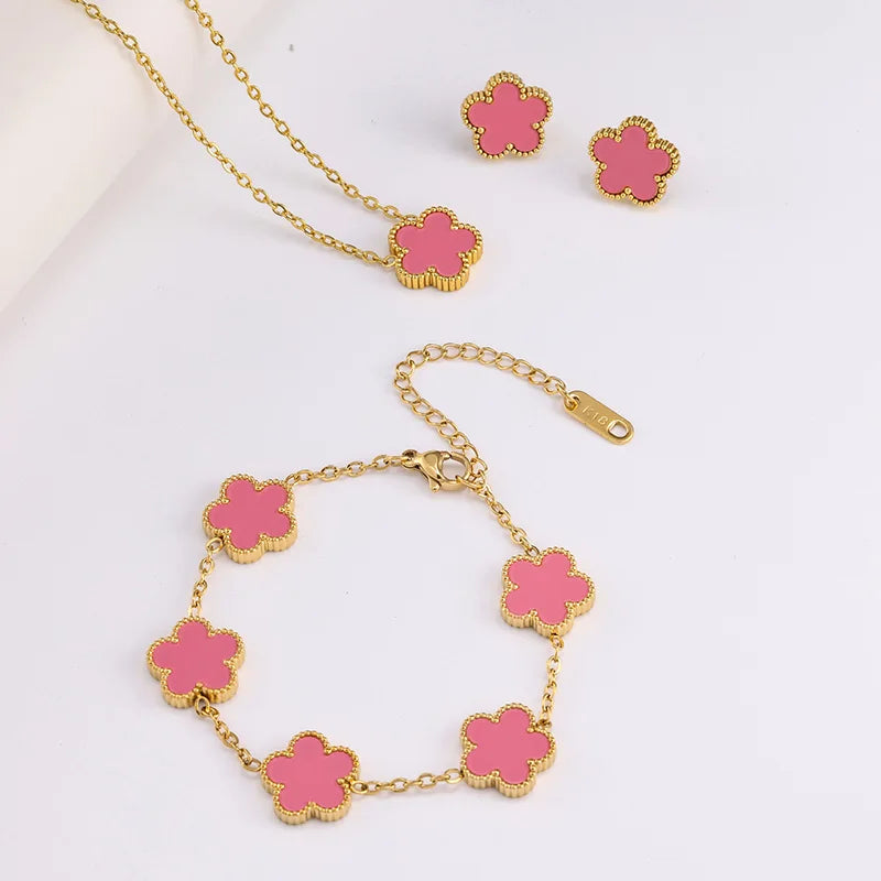 3 Piece Set Stainless Steel Bracelet Necklace Jewelry Sets Double Sided Flower Christmas Gifts Earring Gold Plated Bracelets
