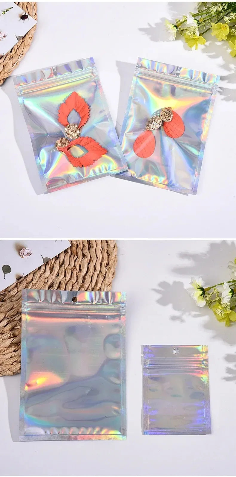 200PCS Laser Ziplock Bag Necklace Earrings Jewelry Gift Packing Bags Cell Phone Cases Colorful Packing Bags Kitchen Organizer
