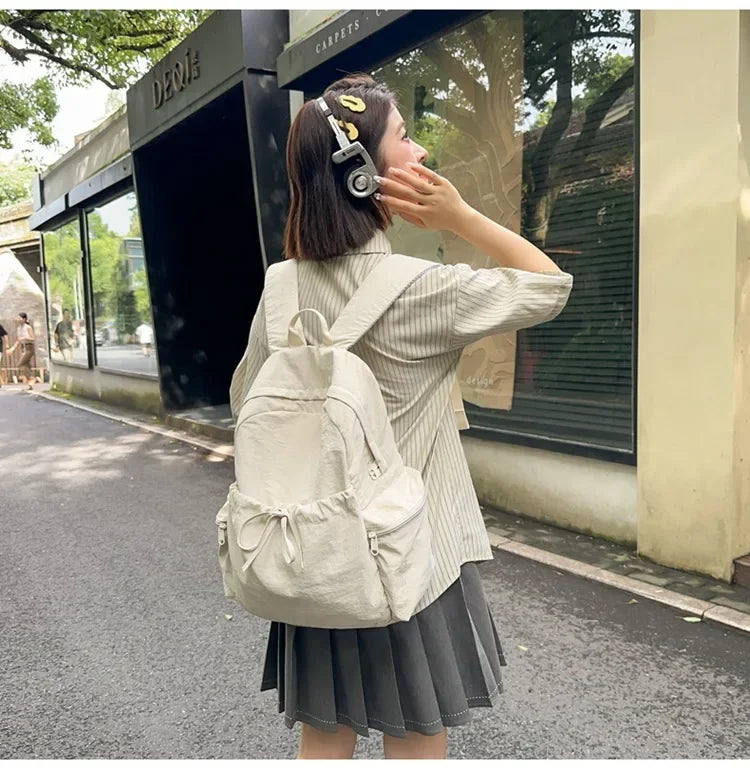 Japanese Style Student Backpack Solid Color Bow Travel School Bag Lightweight and Fashionable Women's Backpack New Simple Casual
