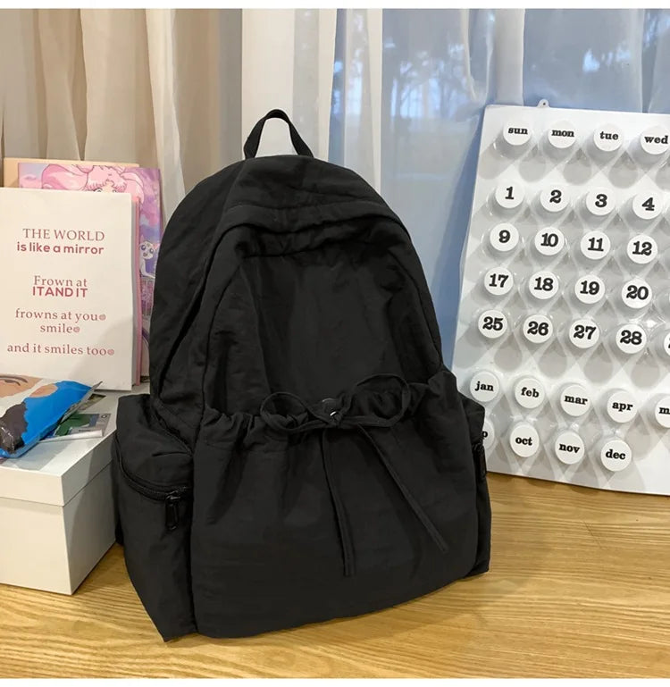 Japanese Style Student Backpack Solid Color Bow Travel School Bag Lightweight and Fashionable Women's Backpack New Simple Casual