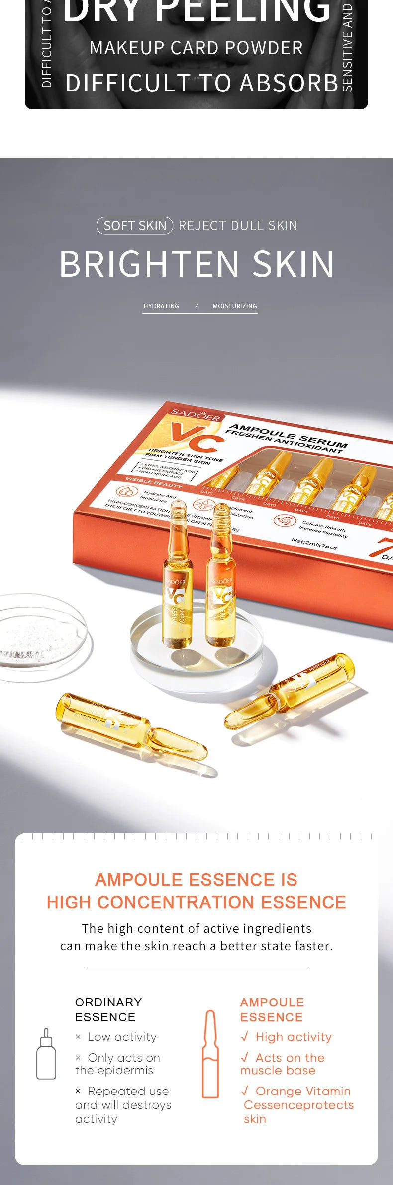 7pcs/Kit SADOER Ampoule Vitamin C 24K Gold Hyaluronic Acid Serum Anti Wrinkle Moisturizing Whitenting Hydrating Facial Essence