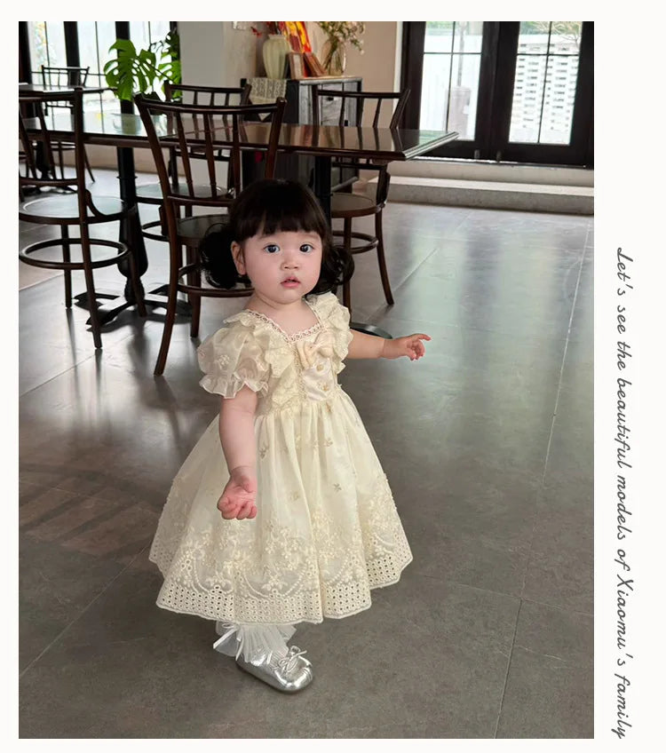 Girls' French Lolita Princess Dress, New Summer Style One-Year-Old Dress, White Cute Little Girl's Beautiful Short-Sleeved Dress