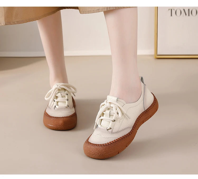 Neue handgemachte Damenschuhe aus echtem Leder, Ganzjahresschuhe, Oxfords, flache Damenschnürschuhe, gemütliche Mokassins, runde Ballerinas