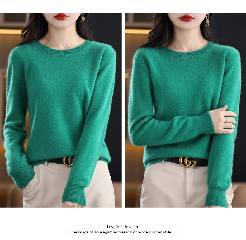 Women 100% Merino Wool Sweater O-Neck Long Sleeve Cashmere Knitwear Pullover Aliselect Fashion Autumn Winter Clothing Tops