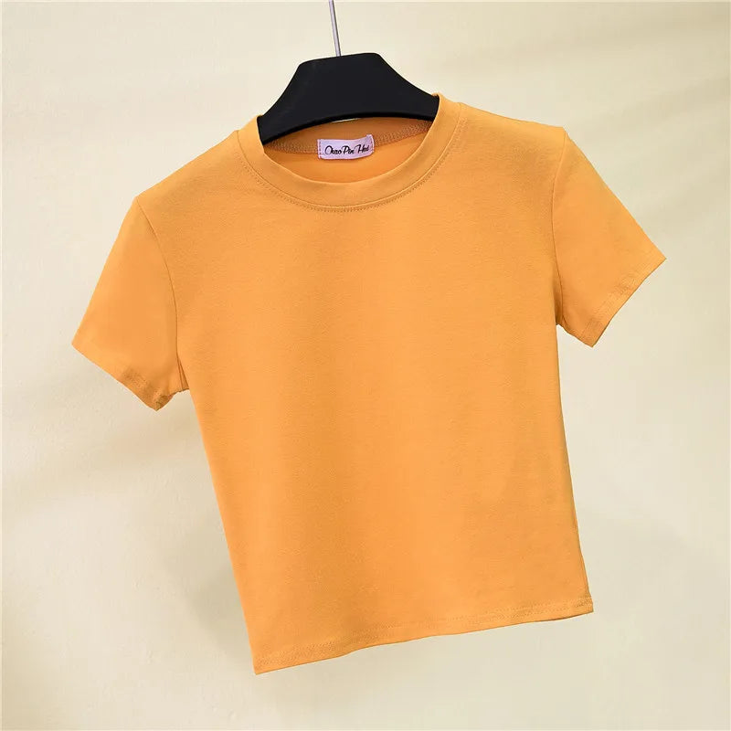 2023 Summer Crop Tops Women T-Shirt Casual Turtleneck Tee Shirt Woman Solid Cotton T Shirt Short Sleeve Top Tees Slim T-shirt