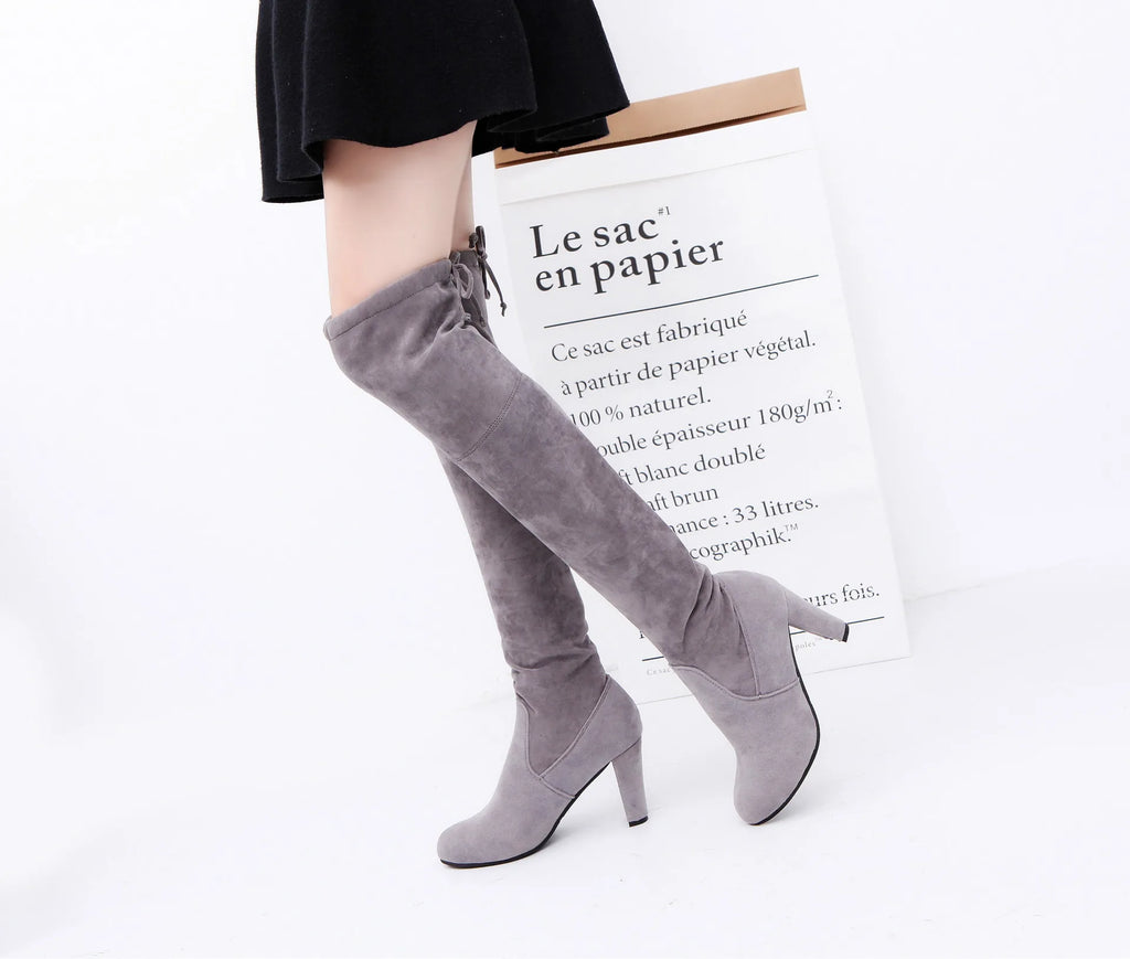 Suede Female Heels Autumn/ winter Zipper Elastic Knee-high Boots for Women Tube Lace-up Thigh Boots Black Botas