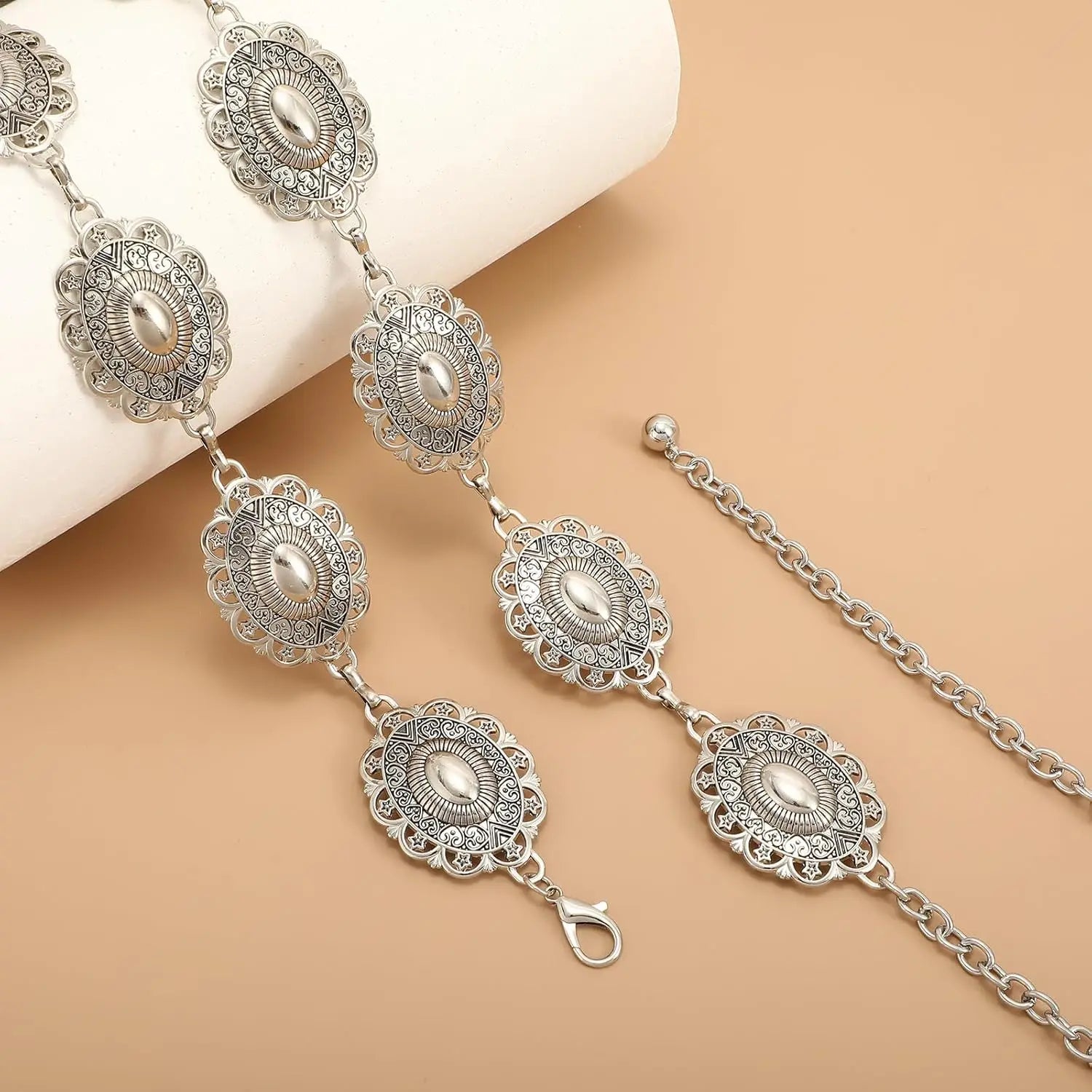 Women Boho Chain Belts for Jeans Dresses Western Silver Concho Waist Chain Belt for Women Adjustable Metal Cowgirl Belt