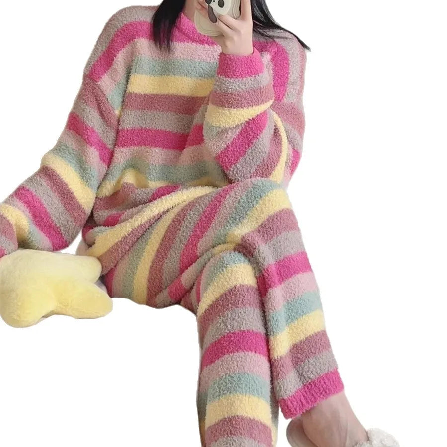 Winter Pajamas for Women: Cute Rainbow Pattern Korean Style Simple Half-Fleece Warm Pajamas Homewear Women's Winter Set