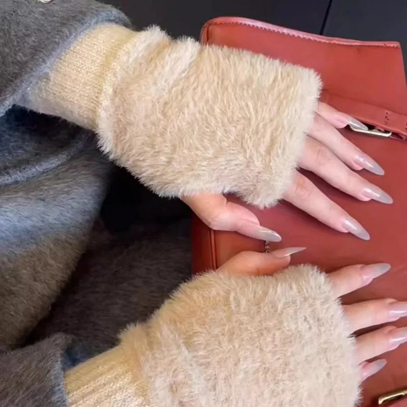 Thermal Fingerless Gloves Women Winter Freeze-proofing Breathable Plush Glove Outdoor Cycling Cold Proof Warm Half Finger Gloves