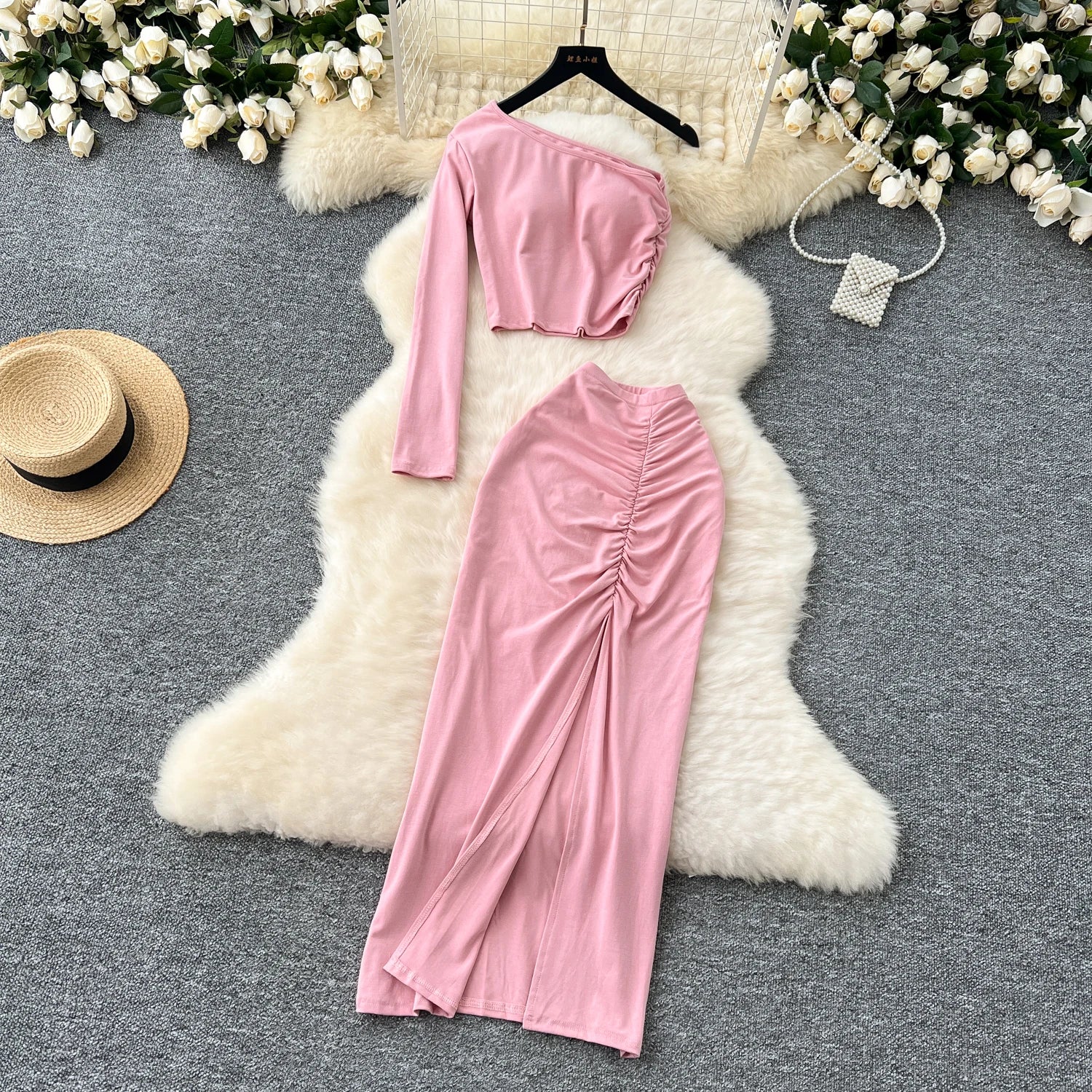 Chic Two-piece Sets One Shoulder Long Sleeve Diagonal Collar Blouse Basics High Waist Split Skirt High Street Vintage Clothing