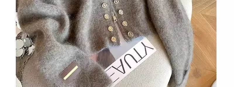 Grey Vintage Sweater Cardigans For Women Autumn New High Collar Double Breasted Knitted Coats Simple Elegant Female Knitwear Top