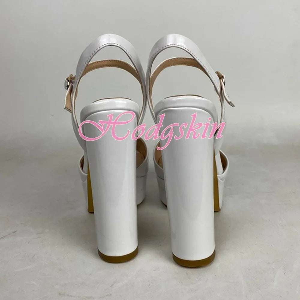 Peep Toe Platform Patent Sandals Chunky High Heels Solid Ankle Buckles Strap Design Women Shoes Super Heel Big Size Party Sandal