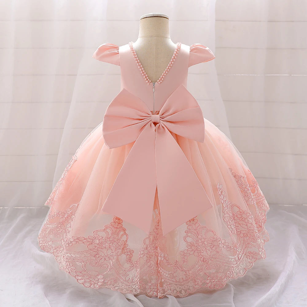 Toddler Bow Baby Dress For Girls Beading Tulle Princess 1st Birthday Embroidery Kids Party Dresses for Girl Pink Baptism Costume