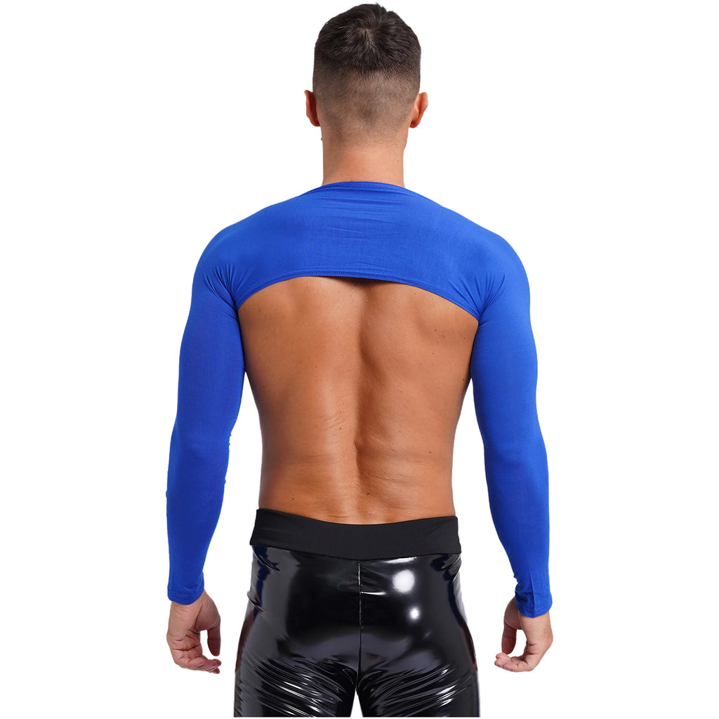 Men Open Front Half Crop Top Solid Long Sleeve Cardigan Bolero Shrug Tops Muscle Arm Sleeves Workout Sports Gym Tops Clubwear