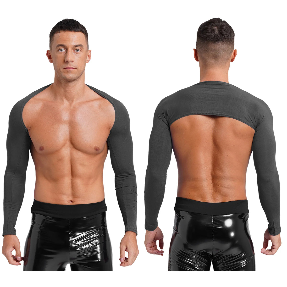 Men Open Front Half Crop Top Solid Long Sleeve Cardigan Bolero Shrug Tops Muscle Arm Sleeves Workout Sports Gym Tops Clubwear