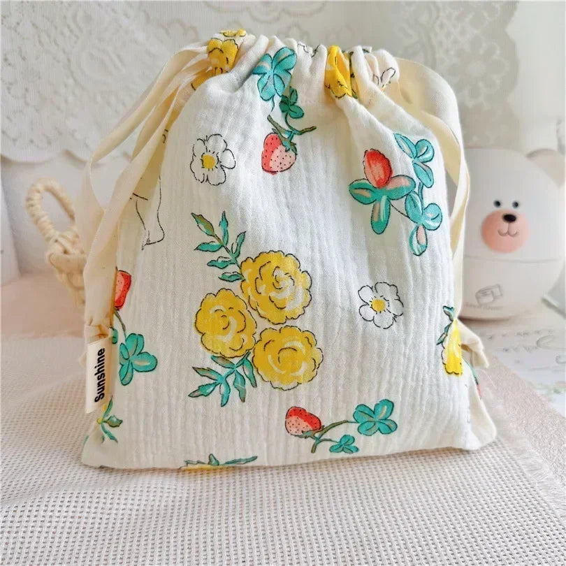 Natural Cotton Mommy Storage Bags Outdoor Baby Diaper Carrier Cute Sunshine Rainbow Printing Drawstring Pouches 27x25cm
