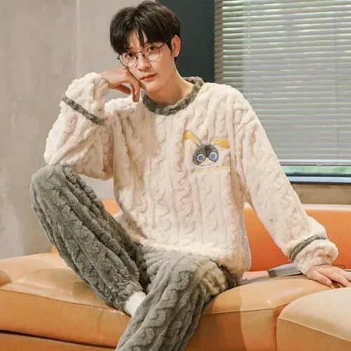 2024 Winter Men Fleece Casual Long Sleeve Pajamas Set Coral Velvet Cute Cartoon Sleepwear Male Plush Thicken Warm Homewear