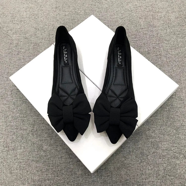 Women Flats Spring Summer Butterfly-knot Bow Velvet Flock Leather Flat Shoes for Women Black Red Apricot Zapatillas Mujer 44 45