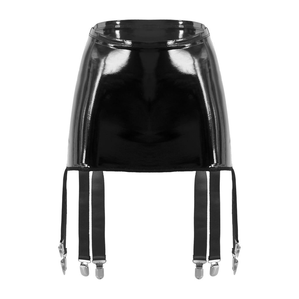 Sexy Damen Wetlook PVC Leder Rüschenröcke Party Low Waist Eingebaute Strings Minirock mit Strumpfhalter Metallclips Set Club
