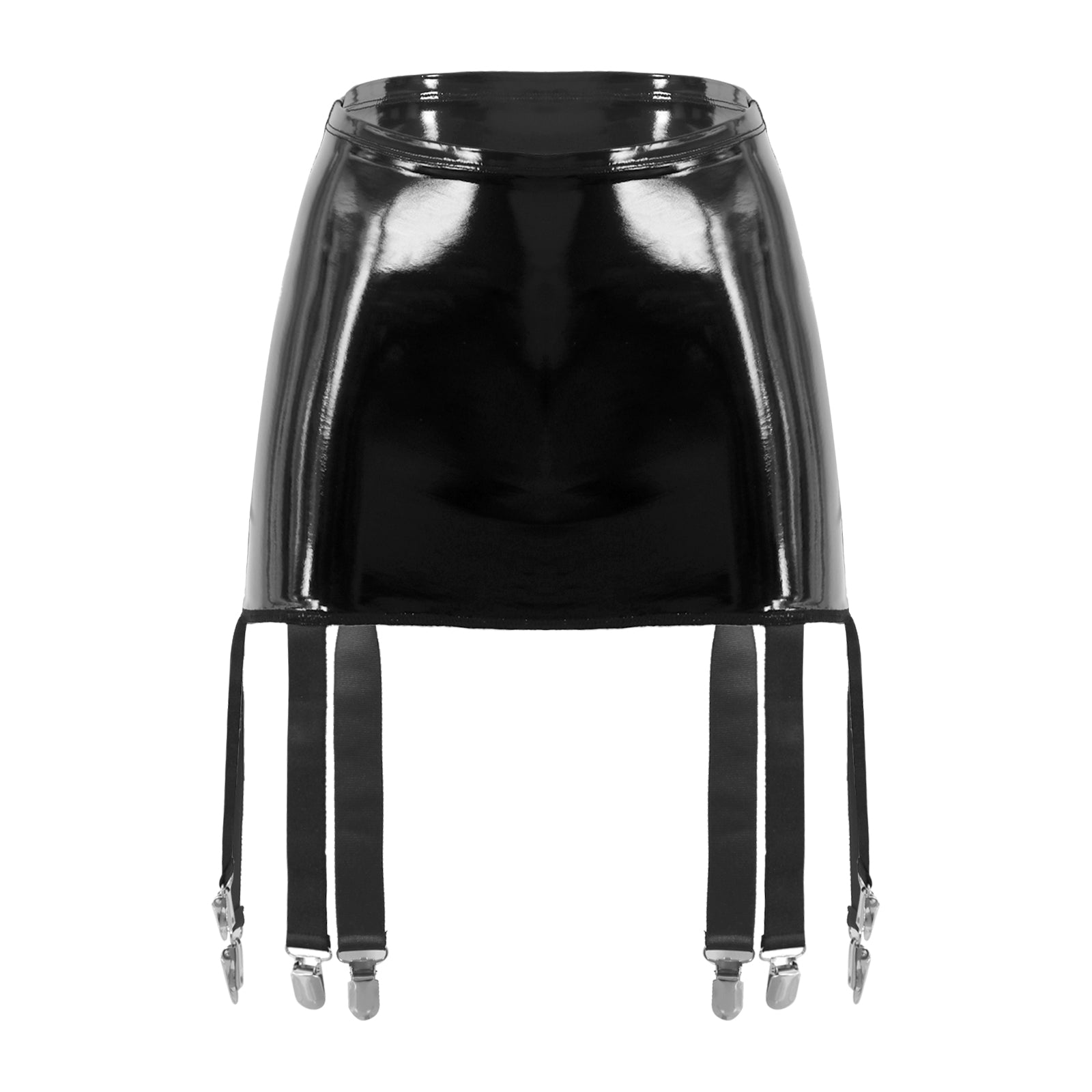 Sexy Damen Wetlook PVC Leder Rüschenröcke Party Low Waist Eingebaute Strings Minirock mit Strumpfhalter Metallclips Set Club