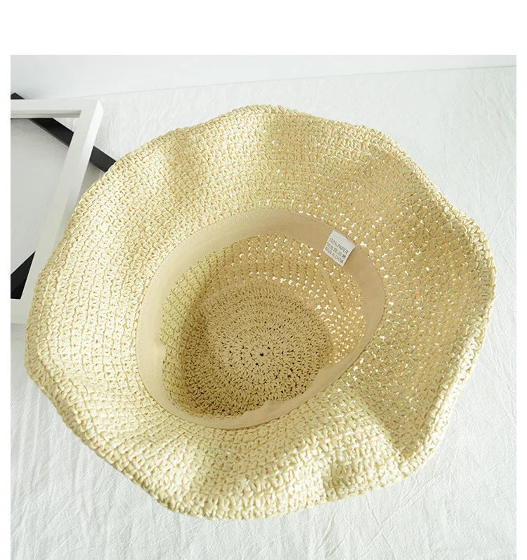 Summer Woven Straw Hat Ladies Beach Hat Sun Hat Wide Brim Soft Simple Fisherman Hat Panama Straw Dome Woven Bucket Hat