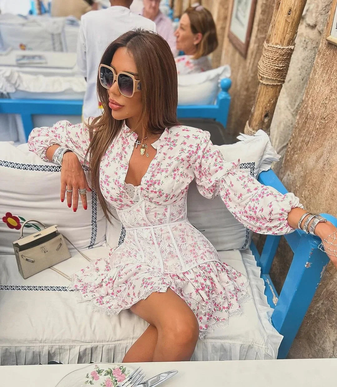 TARUXY V-Neck Printed Mini Lace Dress Female Ruffled Fashion High Waist Long Sleeve Splice Contrast Slim Fit Bandage Party Dress