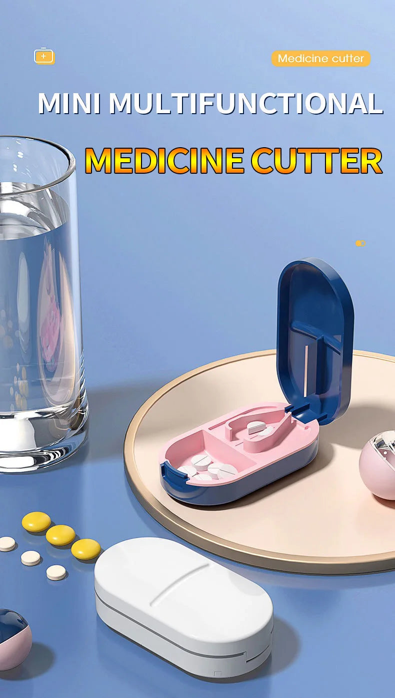Portable Pill Splitter -2-in-1 Pill Box with Stainless Steel Blade - Suitable for Vitamin Tablets - Cutting Pills 1/2, 1/4 with