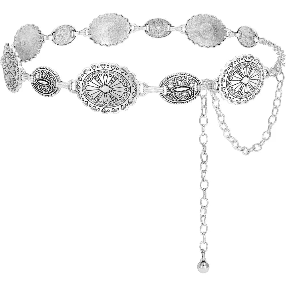 Women Boho Chain Belts for Jeans Dresses Western Silver Concho Waist Chain Belt for Women Adjustable Metal Cowgirl Belt