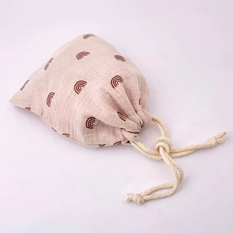 Natural Cotton Mommy Storage Bags Outdoor Baby Diaper Carrier Cute Sunshine Rainbow Printing Drawstring Pouches 27x25cm