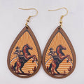 Western Cowboy Color Print Scenery Wood Teardrop Drop Earrings for Women Fashion Bronc Horse Cowgirl Cactus Sunset Art Earrings