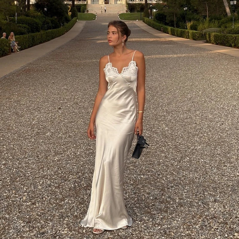 Chic Lace Patchwork Sling Maxi Dress Women Sexy V-neck Sleeveless Backless Satin Slim Long Gown Lady Evening Party Dresses 2026