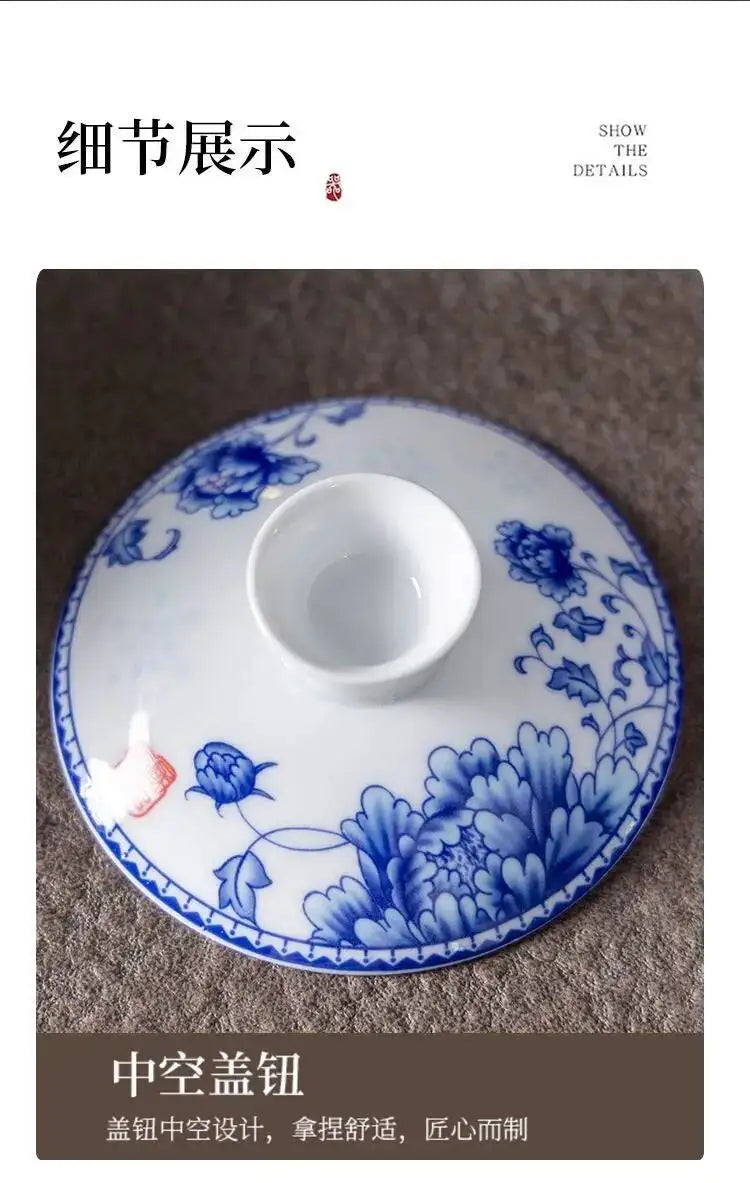 Blue and White Porcelain Gaiwan Tea Cup Large White Porcelain Ningxia Eight Treasures Tea Bowl Set Three Talents Tea Bowl Tea