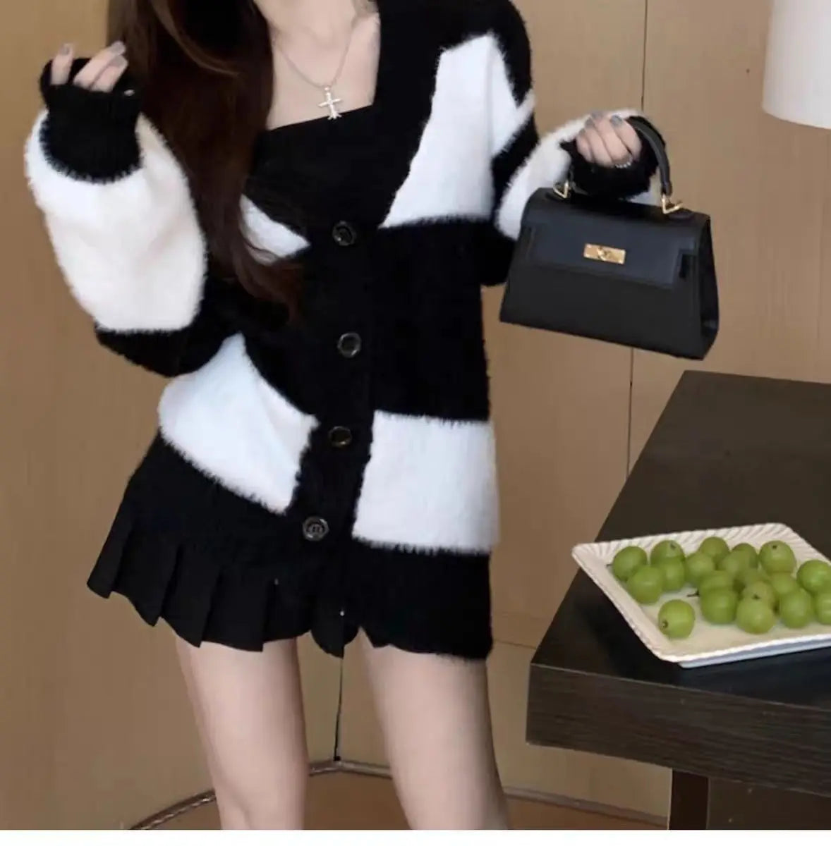 Women Mink Fur Knitted Cardigans Sweaters Autumn Winter Loose Sweet Fashion Stripe Lantern Sleeve Thicken Contrast Color Coats
