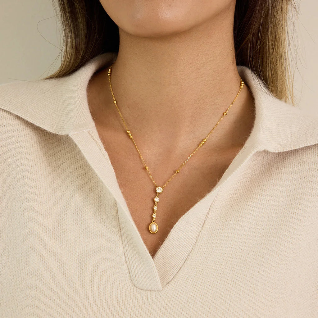 Ars 18k Gold Plated Stainless Steel Y Necklaces Pearl Tassel Necklaces Women's Multi Zircon Lariat Necklace Jewelry Gift for Her