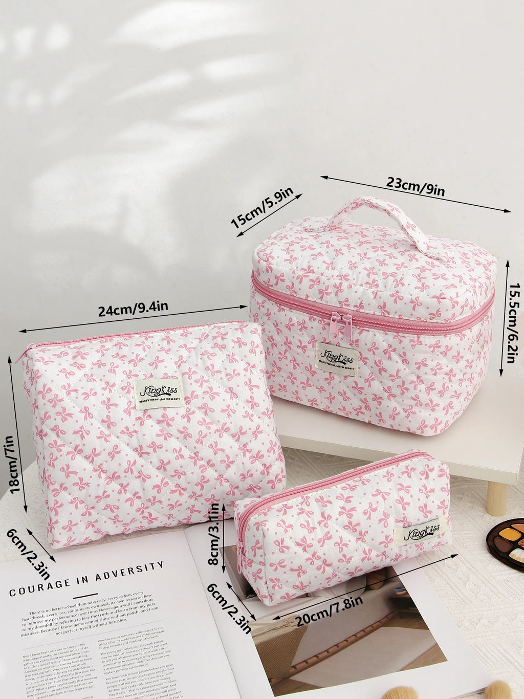 Pink Color Bowknit Print Cosmetic Bag Large Capacity Makeup Bag Pouch Skincare Toiletry Bag Travel Dorm Jewelry Lip Organizer